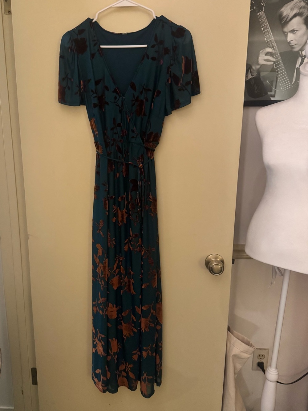 Source Unknown Teal Maxi Dress with Rust Floral Print